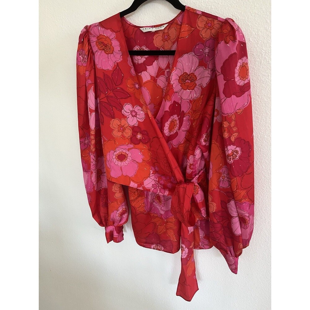 Trina Turk Floral Wrap Blouse Sz L Red Pink Long Balloon Sleeve Retro Resortwear